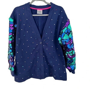 Terez Women Rhinestone Sequin Sleeves Button Up V-Neck Cardigans Navy Sz S NWOT